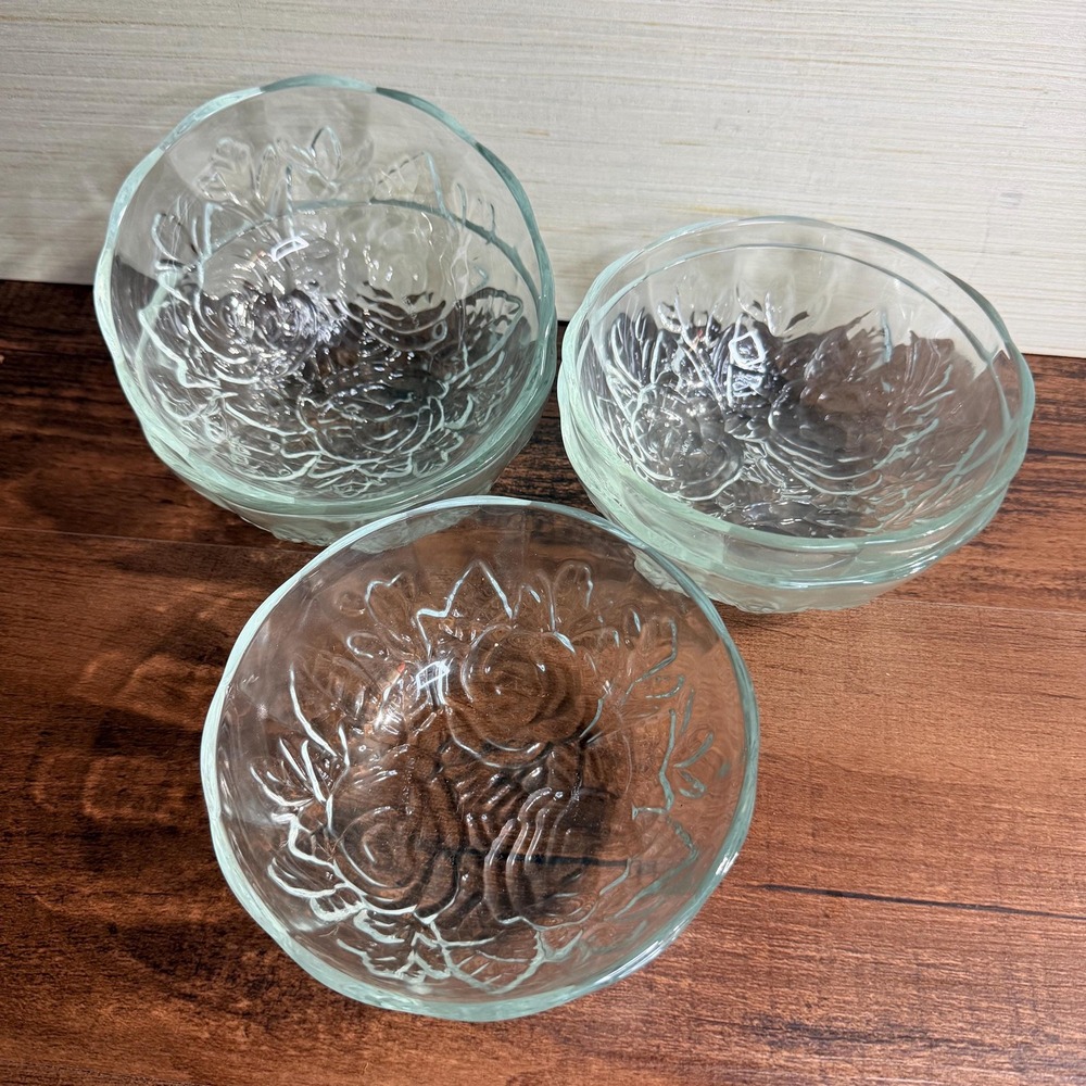5 VTG Pasari Livia Rose Embossed Clear Glass Dessert Bowls Floral Pressed Glass